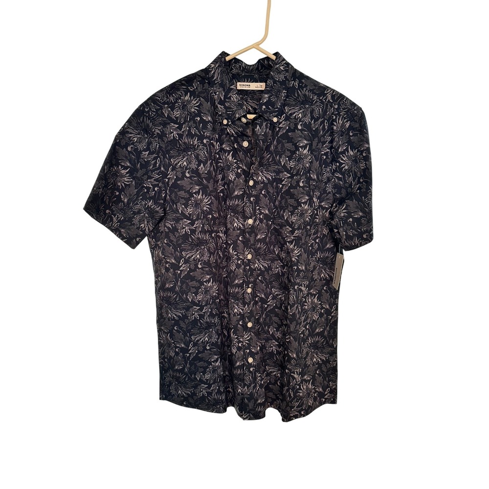 Sonoma Goods For Life Mens L Tall Navy Blue Floral Short Sleeve‎ Button Down